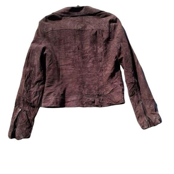Isaac Mizrahi Leather Suede Jacket Moto Distressed Crinkle Textured Brown Sz M - Picture 4 of 14